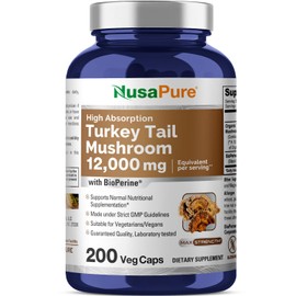 NusaPure Turkey Tail Mushroom Capsules, 10:1 Extract, 1200 mg Equivalent to 12,000mg, 200 Vcaps, Non-GMO, Gluten Free, Bioperine