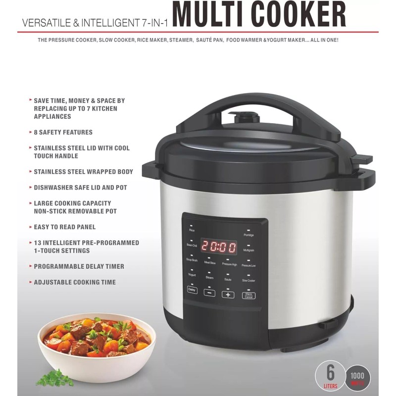 Ironblade 7-in-1 Multi Cooker, 6-Liter, 1000W Stainless Steel Programmable Pressure