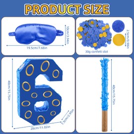 16 Inch Number 6 Double Sided Printing Blue Gold Ring Pinata with 16 Inch Piñata Stick Blindfold Confetti for Boy Girl Kids 6th Birthday Party Decorations (6th)