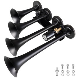 BANHAO Truck Air Horn 4 Trumpet Horns Train Horn Kit for Truck 12/24V 180 dB Super Loud Suitable for Pickup Motorhome SUV Trucks Train Boat(Parallel 4-Trumpet Black 12/24V)