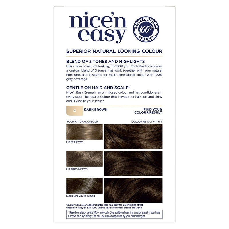 Clairol Nice'n Easy Crème Permanent Hair Dye, 4 Dark Brown,