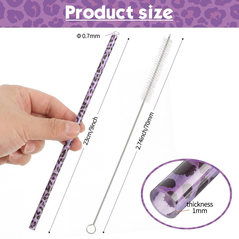 25 Pcs Reusable Leopard Straws with Cleaning Brushes, Purple