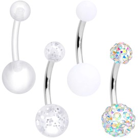 Body Candy 4Pc Aurora White Matte UV Clear Glitter Bonus Pack Steel Belly Button Rings 14G Navel Piercings