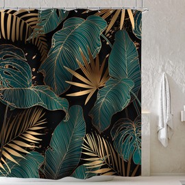 Cinbloo Black and Gold Shower Curtain 60Wx72H Tropical Shower Curtain Abstract Emerald Green Palm Leaves Hawaiian Monstera Bathroom Curtain Modern Botanical Brown Plant Bathroom Decor Fabric 12 Hooks