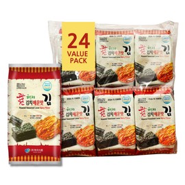 Korean Crispy Seaweed Snacks, Kimchi Spicy Flavor – 24 Individual Sheets Roasted Nori, Vegan, Gluten-Free, 100% Natural Laver