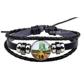 Classic Musical Wizard Fantasy of OZ Yellow Brick Road Glass Domed Braided Leather Bracelet