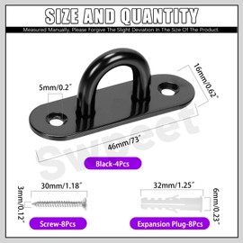 Swpeet 4Pcs M5 304 Stainless Steel Black Oval Pad Eye Plate Hook with Screws and Plastic Anchors Assortment Kit, Marine Hardware Hooks Ceiling U Hook Staple Ring Hooks for Securing Hanging
