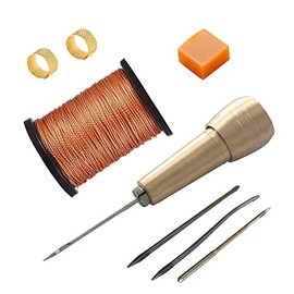 Junetree 4 Needles Vintage Copper Handle Sewing Awl with Crochet Hand Stitcher Shoe Repair Tool and Thread Wax Lines Thimble for Leather Canvas Bag Heavy Fabric