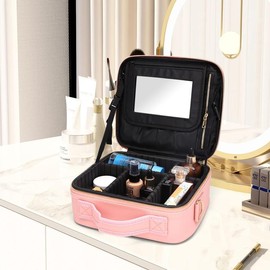 Makeup Travel Bag, PU Leather Multi-grid Makeup Organizer with Mirror, Waterproof Cosmetic Storage Bag, Zipper Makeup Organizer Pouch