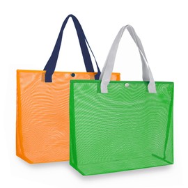 hsmyank 2Pack Large lightweight Simple Mesh Beach Tote Bag With snap Button Reusable Pool Bag for Outdoor Travel Shopping Gym (Orange+green)
