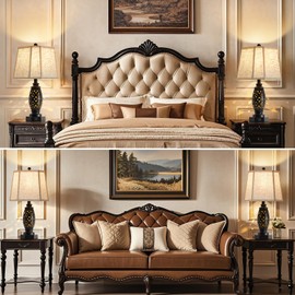 Table Lamps Set of 2-23.5" Vintage Bedside Lamp with USB A+C and Nightlight - Black Carved Resin Retro Desk Lamp for Bedrooms, End Tables, Living Room, Bulbs Included