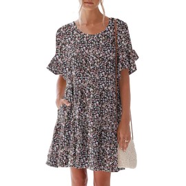 nclook Womens Summer Casual Dresses Sweet Cute Crew Neck Mini Dress with Pockets Ruffle Short Sleeve