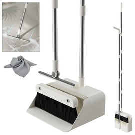 Broom and Dustpan Combo Set, Dust Pan with 3-in-1 Rubber Squeegee Broom Design 180° Silicone Broom with Self-Cleaning Teeth for Floor Bathroom Kitchen Shower Tile Pet with 1 Pack Grey Microfiber Cloth