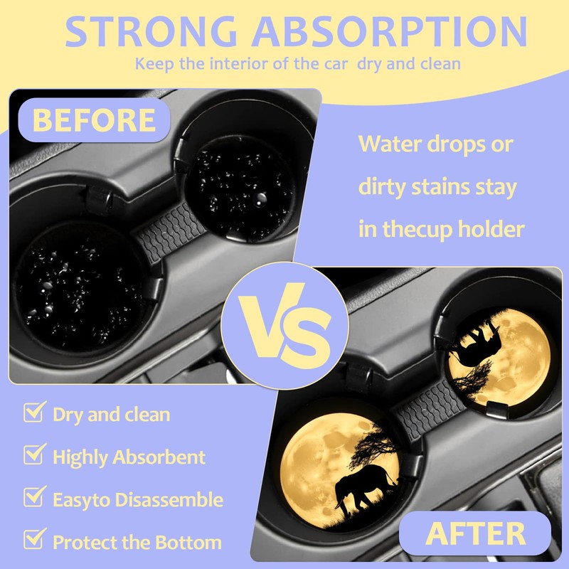 2 Pack Car Cup Holder Coaster-Elephant Full Moon Absorbent Ceramic