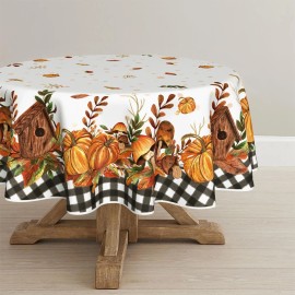 Horaldaily Fall Tablecloth 70x70 Inch Round, Thanksgiving Autumn Harvest Pumpkin Mushroom B