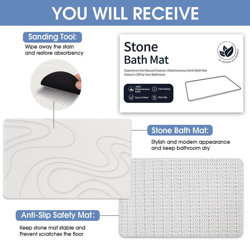 Stone Bath Mat, Diatomaceous Earth Bath Mat, Shower Mat White