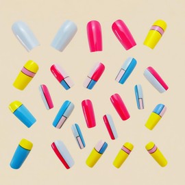 Medium Length Press on Nails Square Fake Nail Art Colorful Gloss Acrylic Nails Coffin Shaped False Nails Reusable Glue on Nails Full Cover Stick on Nails Cute Manicure Kit for Women 24Pcs