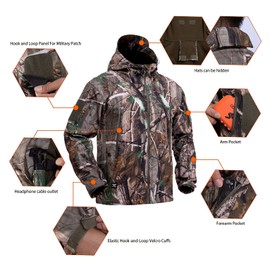 YEVHEV Hunting Jacket for Men Quiet Hunting Camouflage Clothing Hoodie Camo Coat Water-Repellent Windproof