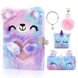 GLGHMH Secret Diary with Lock Set, Secret Fluffy Notebook with Coin Purse Keychain Bracelets Pencil Case, Fluffy Bear Gifts Journal Notebook Set for Girls Boys