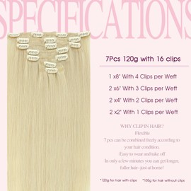 Pinkpearl Clip in Hair Extensions #60 Platinum Blonde Clip in Hair Extensions Real Human Hair 7pcs 120g 22inches Blonde Hair Extensios Clip ins for Women Straight Natural Human Hair Clip ins (#60,22)