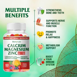 Calcium Magnesium Zinc Gummies with Vitamin D3 & K2 - High Potency Enhanced Absorption - Orange and Berry Flavored