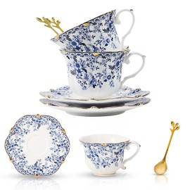 TATSUMI Country Roses Bone China Tea Cup and Saucer Set, 6 Pieces, Vintage Style, For Women and Tea Parties