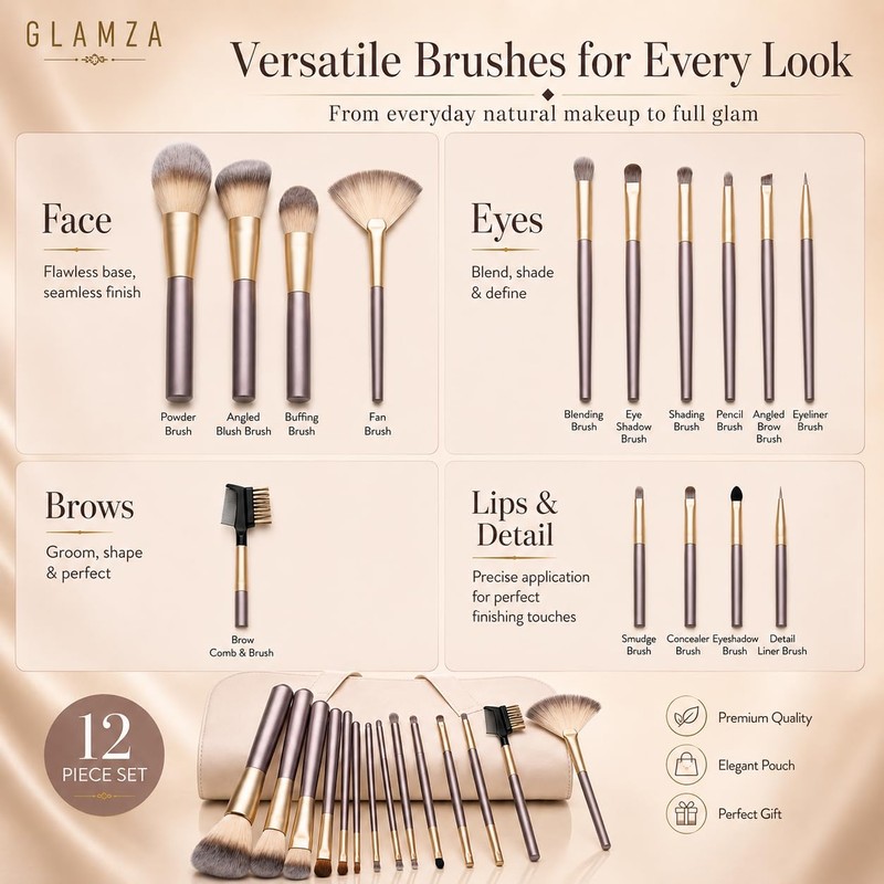 Glamza 12-Piece Champagne Brushes Set In Pouch1 Units