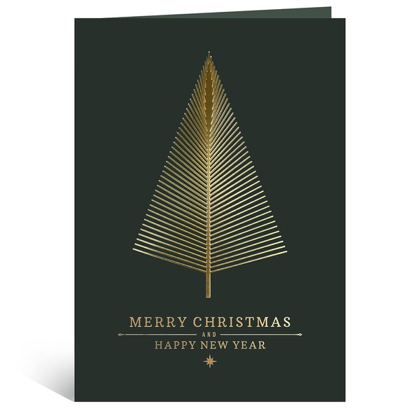 Gold Foil Christmas Greeting Cards with Envelopes | Pack of 20 Cards - Dark Green Col & Embossing on Christmas Tree | 6.75 x 4.5 Inch Merry Christmas Cards with Seal Stickers For Friends , Family and loved Ones ( 10 PACK )