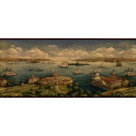 CONCORD WALLCOVERINGS ™ Wallpaper Border Vintage Pattern Architecture Ships Sea Garden for Living Room Cottage Dining Area, Green Blue Red Beige White, 10 Inches by 15 Feet 5506871