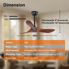 BOJUE 36 Inch Solid Wood Ceiling Fans without Lights, 6 Speeds,Reversible DC Motor, Noiseless, Black Ceiling Fan No Light, Modern Indoor Outdoor Ceiling Fan with Remote for Patio Living Room Bedroom