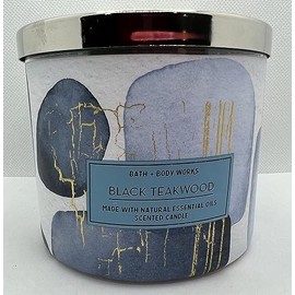 Black Teakwood 3 Wick 14.5 Ounce Scented Candle Blue and White with Gold Accents