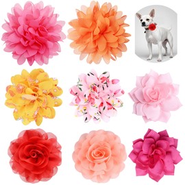 iToolai Dog Collar Flower Attachment, 8Pcs/4 Styles Cat Flowers Collar Charm Accessories,Chiffon Slide-on Flower Bows for Puppy Pet Grooming,Multicolored Pinky Series