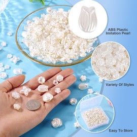 Elecrelive 558Pcs White Pearl Flower Beads Imitation Pearl Flower Charms 9 Styles Rose Tulip Aesthetic Cute Beads for Bracelet Necklace Keychain Phone Charms