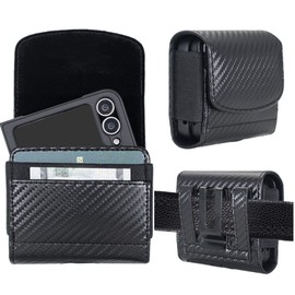 CusPra Holster Pouch for Motorola Razr Ultra/Razr 2025 / Razr+ 2025 with Belt Clip & Card Holder, Luxury Carbon Fiber Leather Holster with Belt Loop & Metal Clip & Magnetic Closuer (Black)