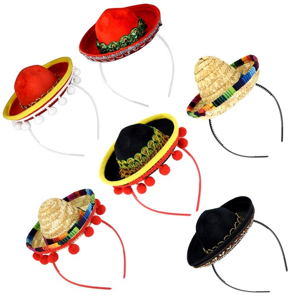 HOVEOX 6Pcs Sombrero Headbands Fiesta Sombrero Party Hats Straw Sombrero Headband Hats Cinco De Mayo Fiesta Fabric Headband