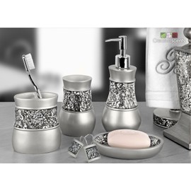Creative Scents Silver Hand Soap Dispenser for Bathroom, Decorative Countertop Lotion Dispenser, Elegant Crackled Glass Liquid Soap Dispenser with Sturdy Pump for Classic Bathroom Décor