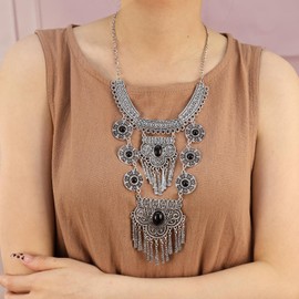 Bethynas Bohemian Ethnic Tribal Chunky Necklace Multilayer Long Tassel Turquoise Statement Neck Chain Retro Coin Gemstone Exaggerated Costume Accessories for Women (C-Black)