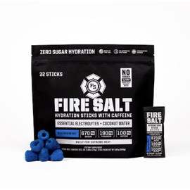 Fire Science Fire Salt Hydration Sticks, Electrolytes & Coconut Water, Hydration Drink Mix with Caffeine, Potassium & Sodium, Zero Sugar, Serve On The Go Packs, Caffeine Blue Raspberry, 32 Count