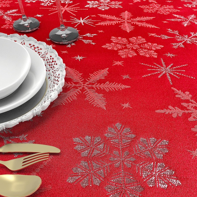 CAIT CHAPMAN HOME COLLECTION Red Snowflake Metallic Jacquard Woven Tablecloth