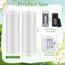Retisee 2 Pcs 4 x 12 Inch Extra Large LED Flameless Candles Battery Operated Pillar Flickering Candles with Remote and Timer for Home Patio Porch Indoor Outdoor Lanterns, Battery Not Included