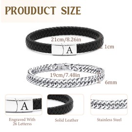 ZENGSING Men's Bracelet Stainless Steel Bracelets Leather Bracelet Men's Bracelet with Letters Stainless Steel Engraving 2 Pieces Men's Bracelets Cuban Bracelet Leather Bracelet with Magnetic Closure