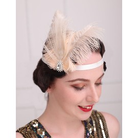 Teyglen 1920s Headpiece Flapper Feather Headband with Crystal Roaring 20s Hair Accessories Vintage Feather Headpiece for Women Costume Party Prom(Beige)