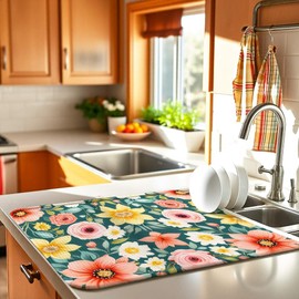 Floral Spring Small Dish Drying Mat for Kitchen Counter 16''x18''Microfiber Absorbent, Foldable, Quick-Dry, Non-Slip,Compact Kitchen Drying Pad for Dishes, Countertops, and Cookware