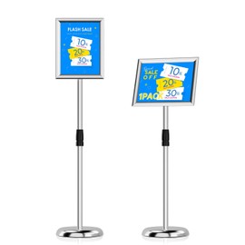HOLDSIGN Sign Holder Stand, Adjustable Heavy Duty Pedestal Sign Holder Floor Stand 8.5" x 11, Aluminum Snap Open Frame for Vertical & Horizontal View, Silvery Square (8.5×11 inch - 1Pack)