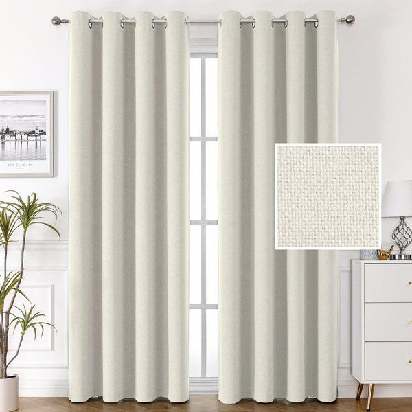 100% Blackout Faux Linen Curtains 96 inches Long Thermal Curtains for Living Room Textured Burlap Curtains with Double Face Linen Grommet Soundproof Bedroom Curtains 52 x 96 Inch, 2 Panels - Ivory