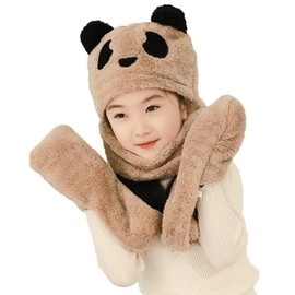Girls Boys Furry Panada Winter Hat with Scarf Gloves Set 3 In 1 Hoodie Hat Soft Fluffy Plush Warm Hat Thermal Fleece Earflaps Snood Scarf Hat Children Girls Hats and Scarves for 1-7 Years Old