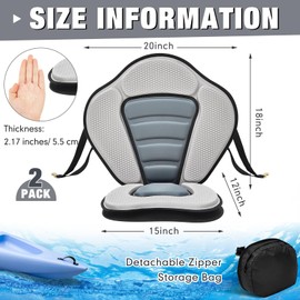 Lewtemi 2 Pieces Kayak Seat with Back Support Thicken Canoe Paddle Board Seat with Detachable Storage Bag Adjustable Sit On Top Paddleboard Seat Cushion for Kayaking Canoeing Rafting(Gray)