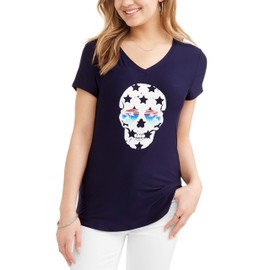 No Boundaries Womens Juniors Brushed V-Neck T-Shirt- Skull w Sunglasses (Large (11-13)) Navy Blue