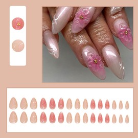 30 Pcs Spring Press on Nails Short Almond,LINMEIZAI Glitter French Fake Nails Press ons Nail Tips Kit Glue on Nails Full Cover Acrylic False Nails with 3D Flower Texture Nail Art Design for Women