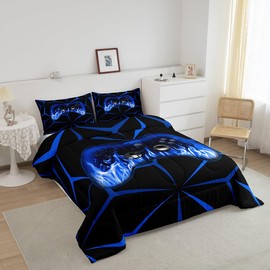 Feelyou Kids Gamer Comforter Set,Gaming Bedding Set Queen Size for Boys Girls,3D Geometric Video Game Console Comforter,Blue and Black Game Contoller Bed Set for All Season